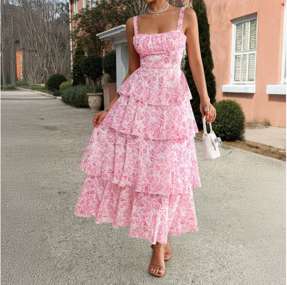 

Fashionable and elegant forest style small fragrant flower button chiffon suspender dress, summer 2025 new item