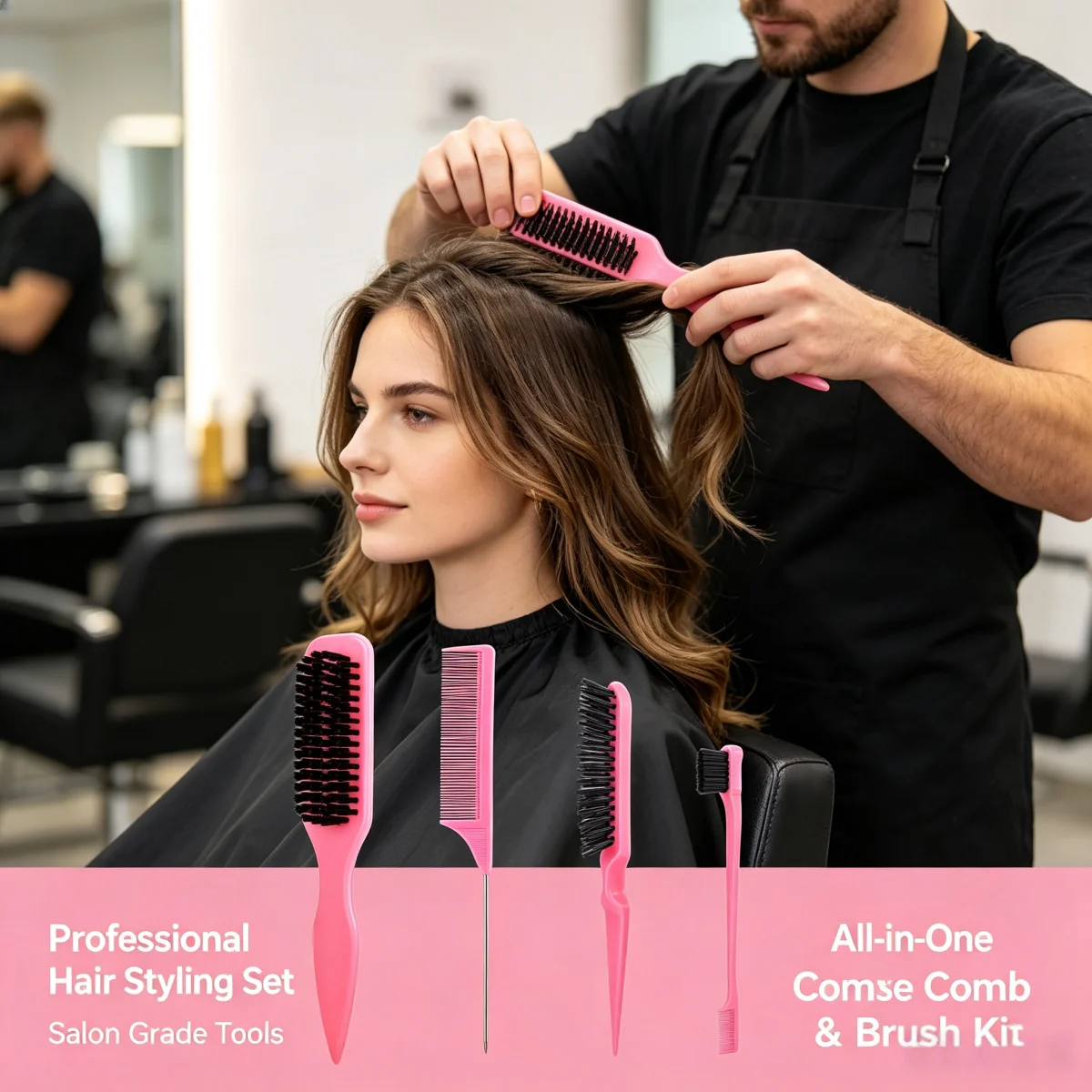 4Pcs Hair Styling Comb & Brush Set, All-in-One Salon Teasing Backcombing Edge Control Sectioning Hair Tool Kit For Hairstylists