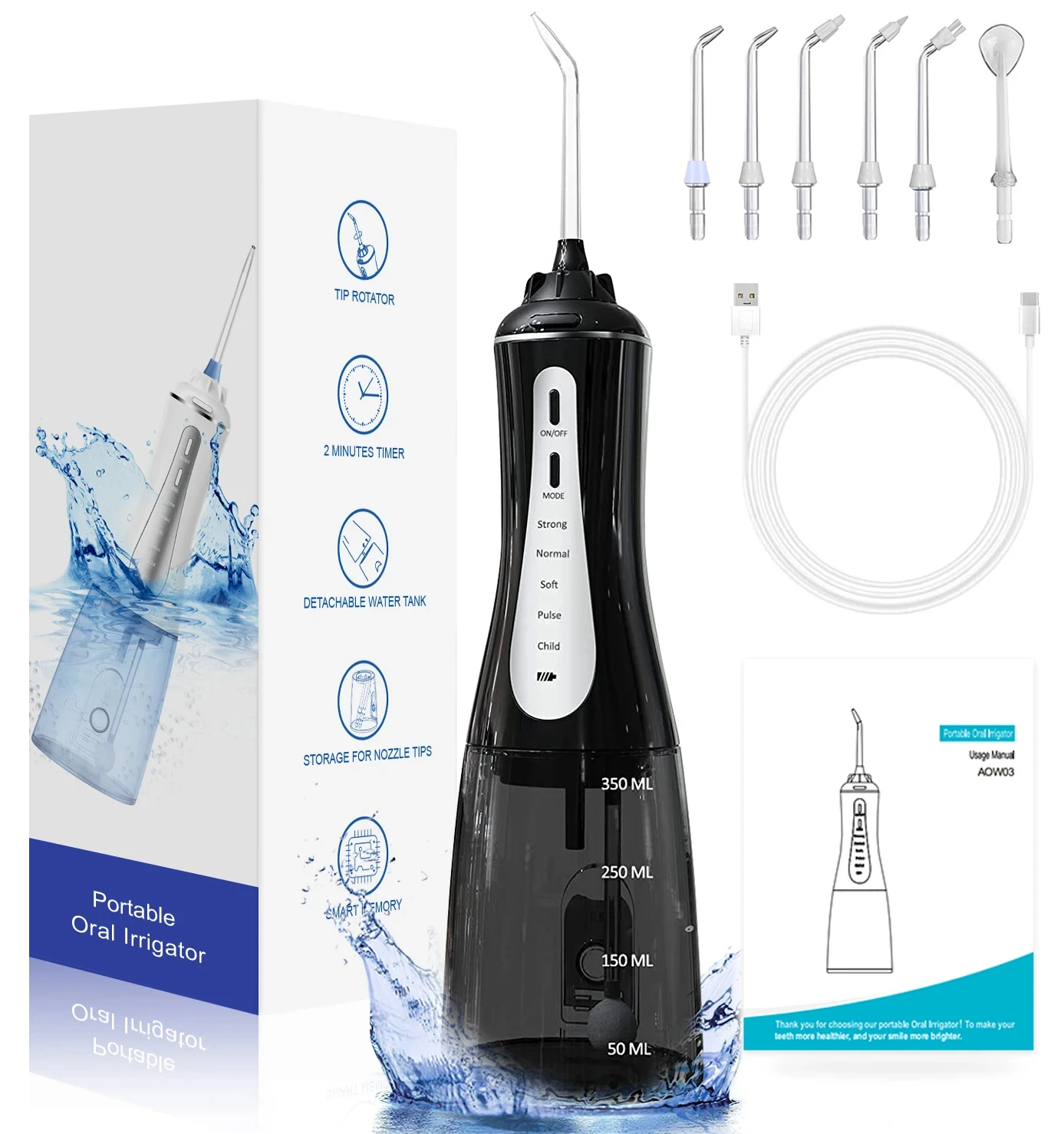 350ML Portable Water Flosser Dental Water Jet Oral Irrigator Dental 6 Nozzles Waterproof USB Charging 5 Modes Mouth Washing Tool