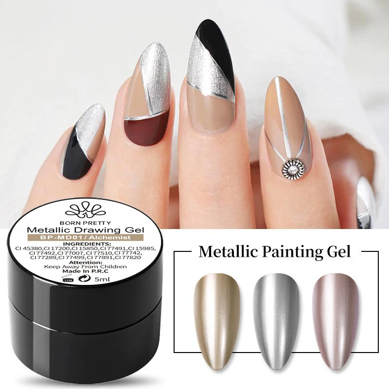 BORN PRETTY Metallic Painting Gel Gold Silver Mirror Effect Nail Polish Super Bright Drawing Line French Nail UV Painting Varnis