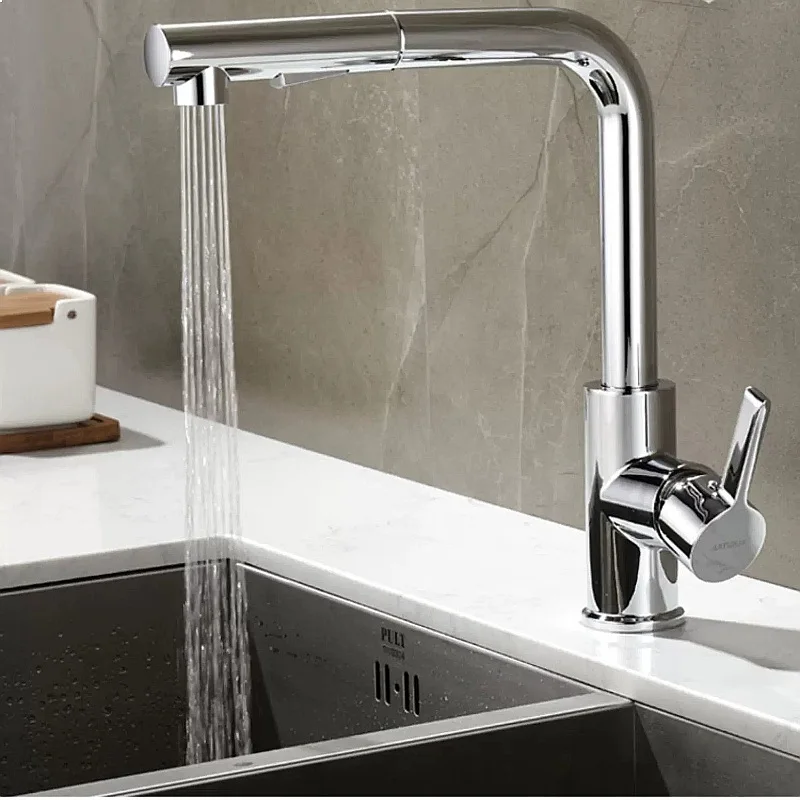 Solid Brass Pull-Out Kitchen Faucet 360 Rotating Hot Cold Mixer Tap Anti-Leak