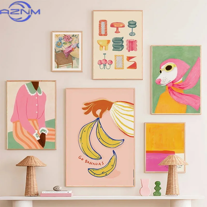 Fashion Girl Dog Vase Flower Banana Abstract Posters and Prints Wall Art Canvas Painting Picture Hotel Bar for Living Room Decor