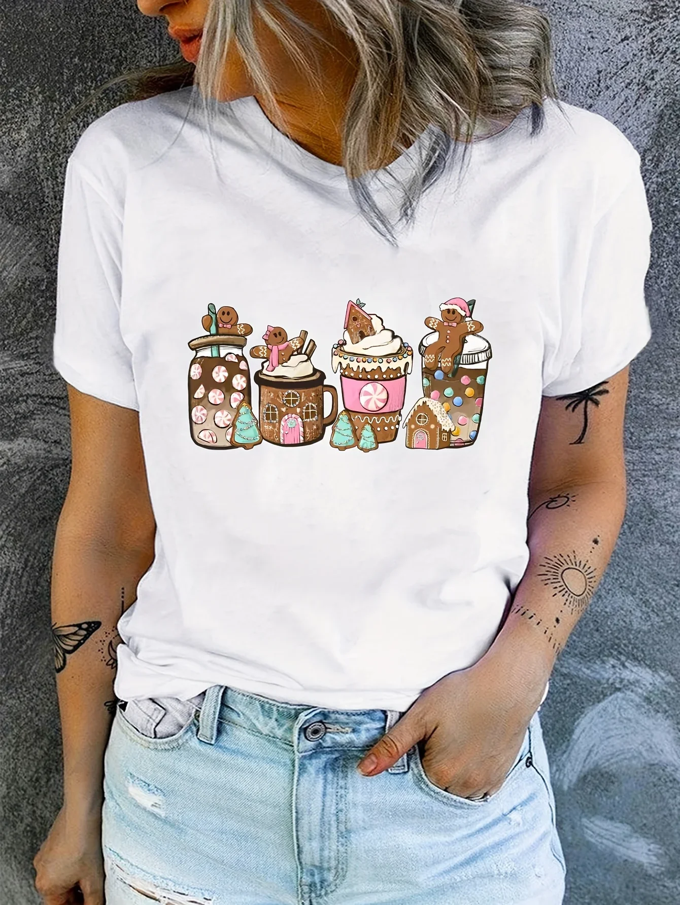 Christmas Coffee Print T-shirt Casual Crew Neck Short Sleeve Top Women\'s Clothing Kawaii Clothes for Women