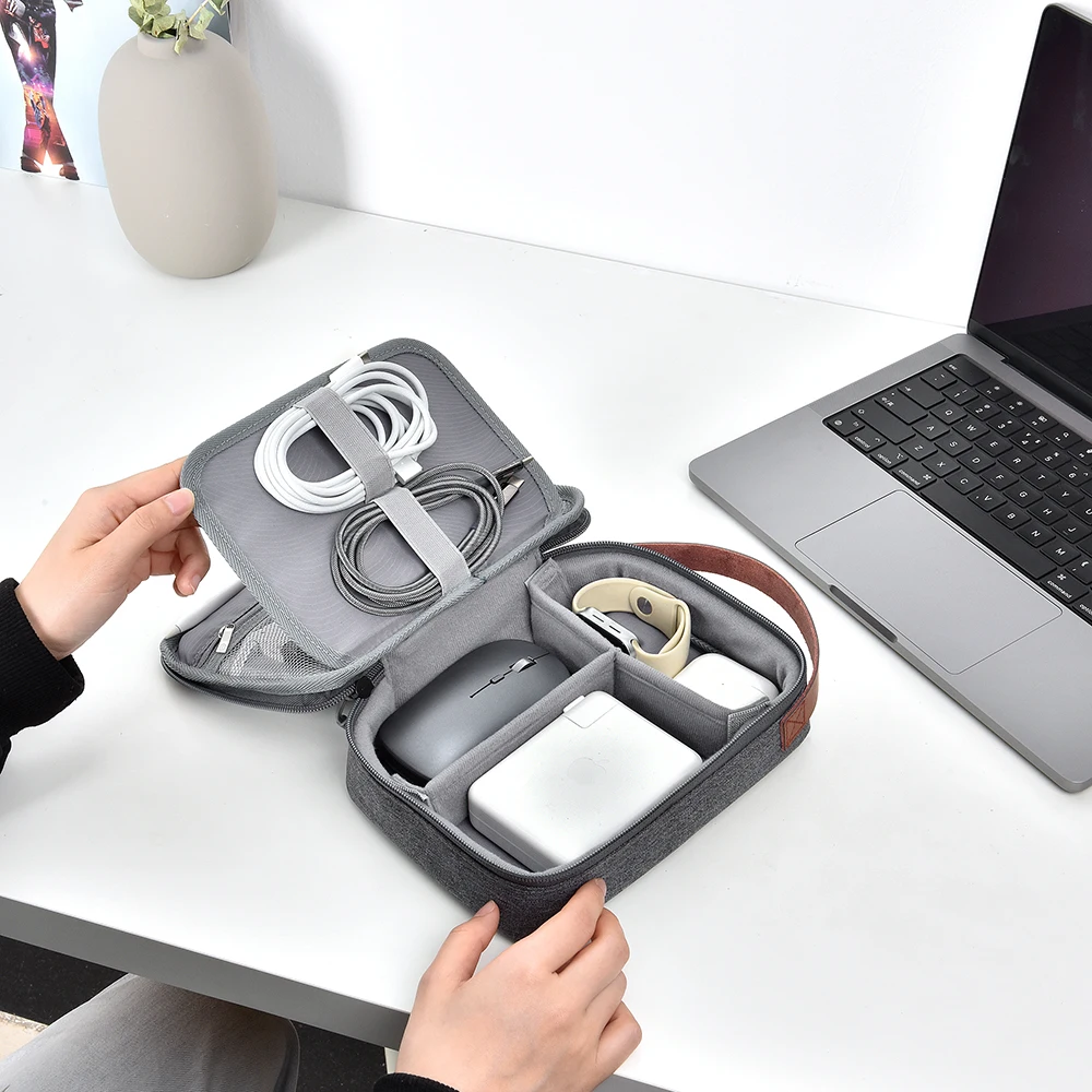 WiWU Travel Electronic Organizer Case for MacBook Power Adapter Charger Cables Power Bank Tech Pouch Leather Handle Portable Bag