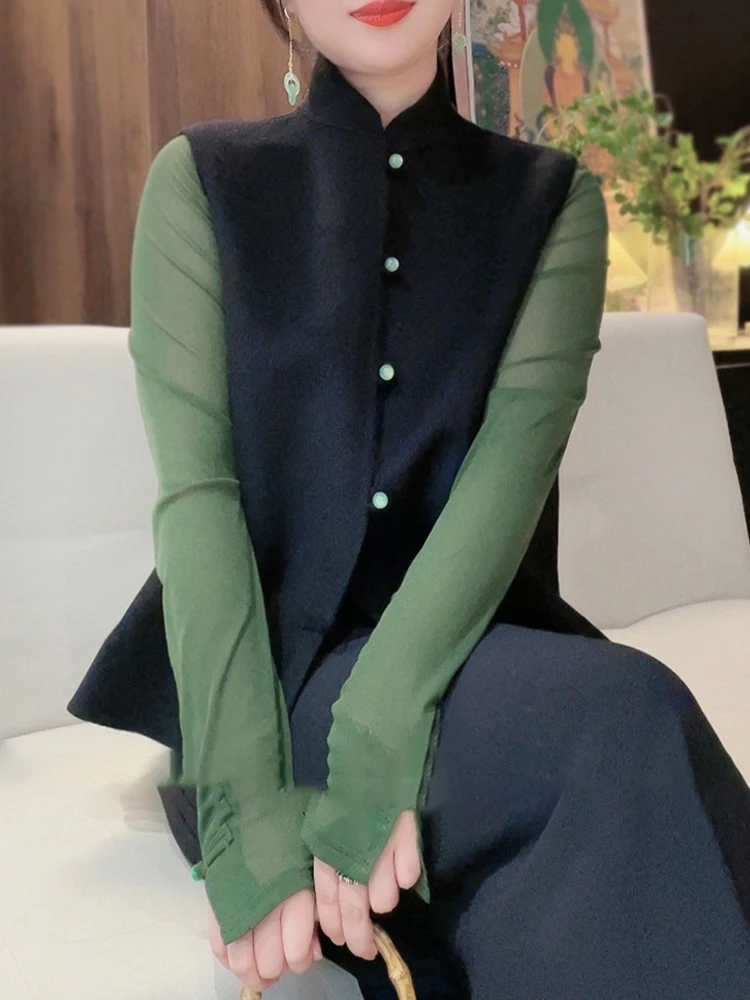 New Chinese Sle Knitted Vest with Button Design Svel Commute Faion Early Autumn High-End Sensation Top for Women