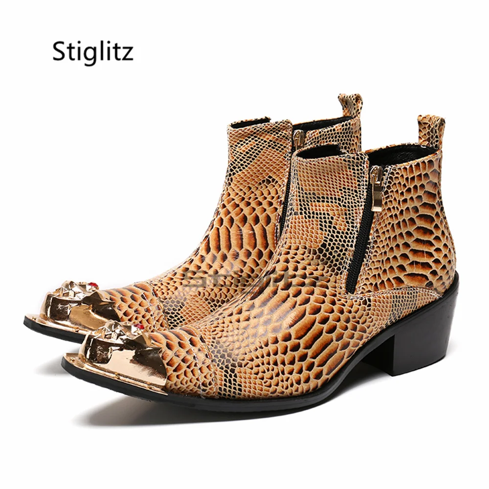 Snake Pattern High Heels Men's Boots Metal Toe Side Zipper Chelsea Booties Handmade High Top Business Dress Shoes Autumn Winter