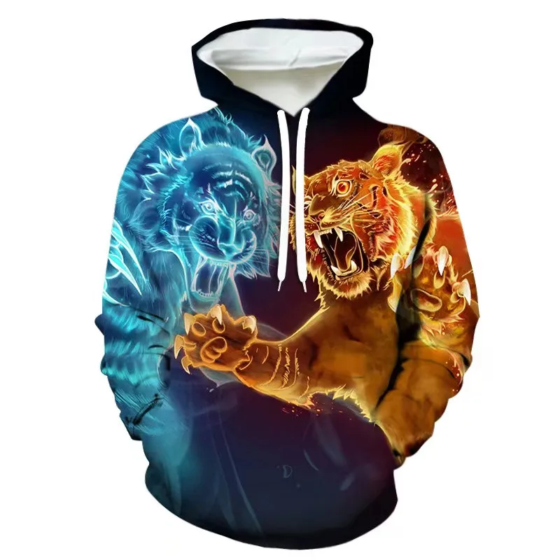 The new 2023 tiger head 3 d printed fleece loose fashionable hoodie man fleece