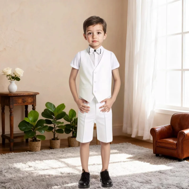 Handsome Kids Summer Vest Set Flower Boys First Birthday Photography Outfit Children's Piano Host Performance Costume