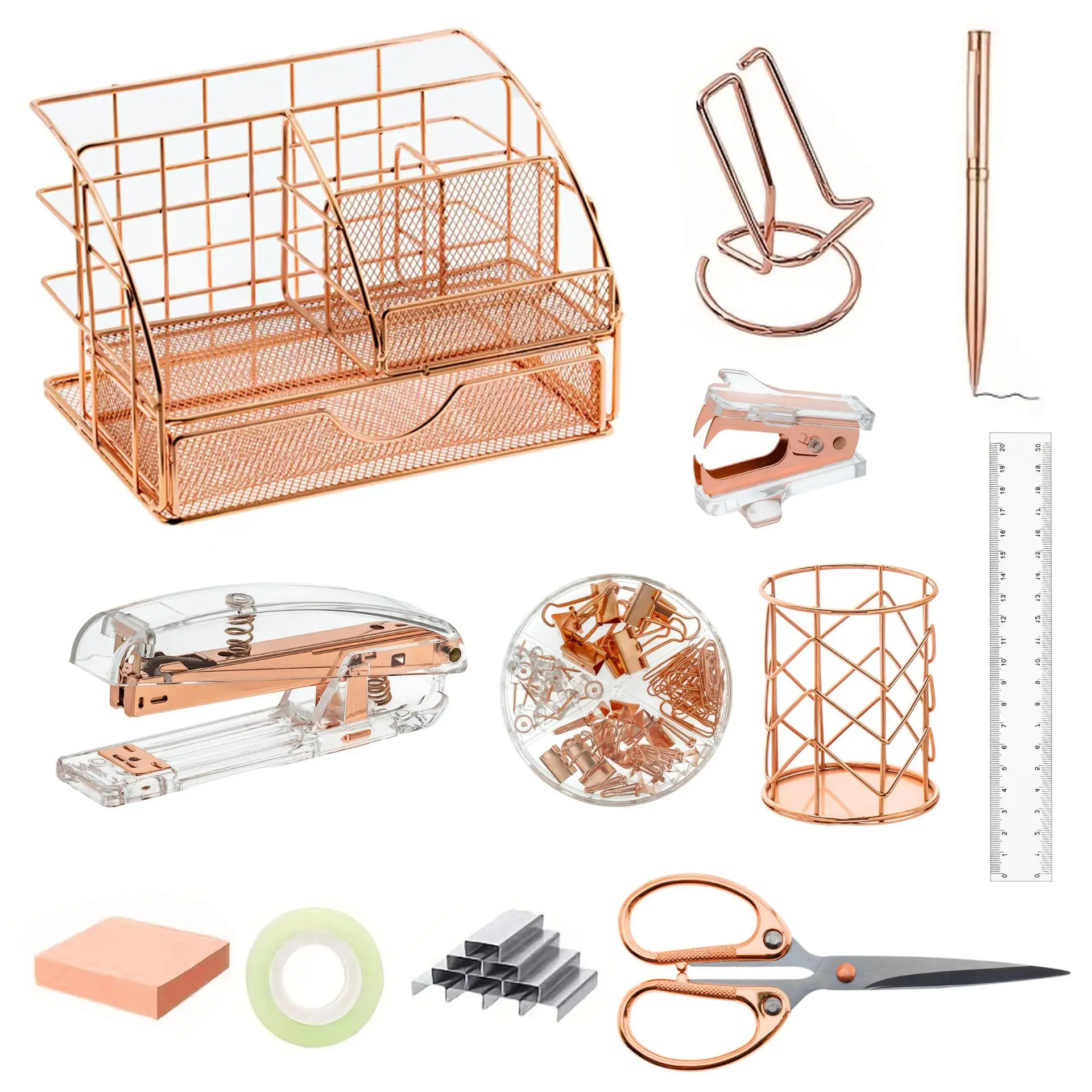 Desk Organizers Accessories Office Supplies Set Stapler, Pen Holder, Phone Holder, Scissors, Pen, Ruler, 30 Paper Clips, 22 Bind