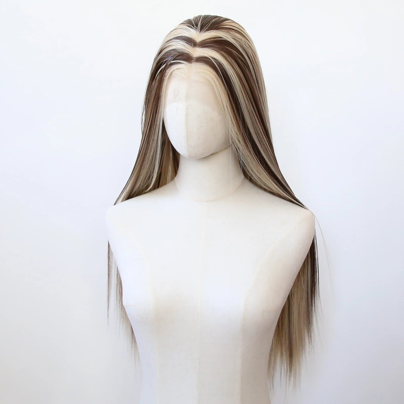 Perruque Lace Front Wig synthétique lisse et longue pour femmes, perruque Balayage blonde #613 à reflets bruns, perruques pré-plumées en fibre de degré de chaleur