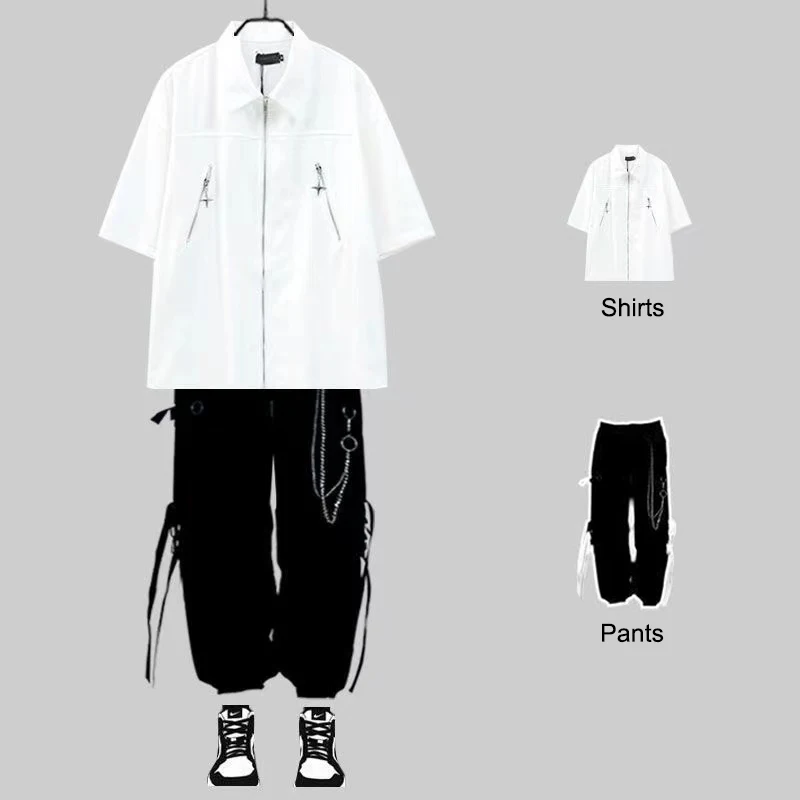 ARENS Men Streetwear Two-piece Suit Solid Color Short Sleeve+Ribbon Chain Pants Harajuku Cargo Pants 2 Piece Sets Mens Outfits