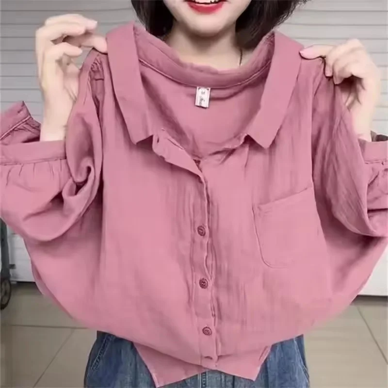 

Summer Fashion Five-point Sleeve Lapel Pure Casual Shirt Women Korean Versatile Loose Thin Top Female Basic Blouse