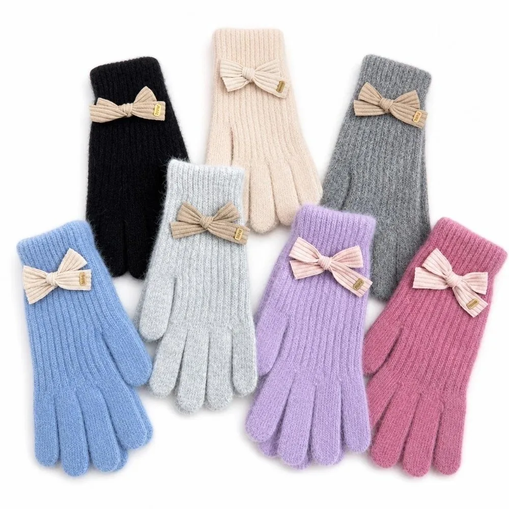 New Bowknot Winter Knitted Gloves Elastic Warm Touch Screen Gloves Two-Finger Thickened Cycling Gloves Women