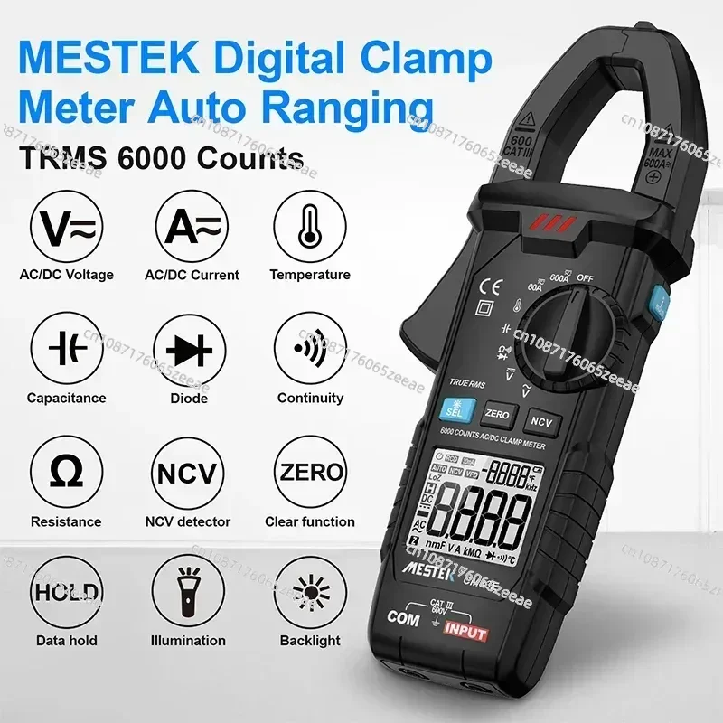 Mestek CM83E 6000 Counts Digital Clamp Meter DC/AC Current 600A Amp Multimeter Large Color Screen Voltage Tester Car Hz NCV Ohm