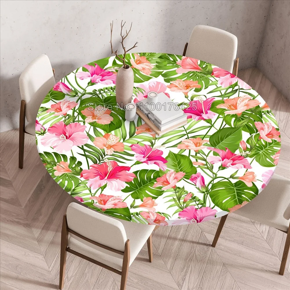 Plant and Flower Round Table Cover Waterproof and Elastic Dining Table Cloth Pink Green Tablecloth for Kitchen Home Textiles