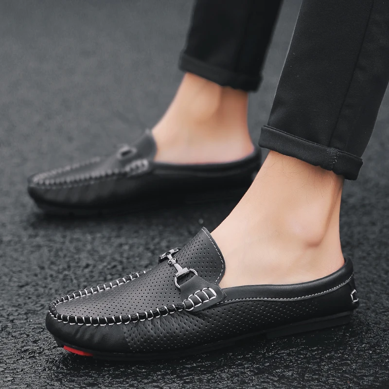 Hollow Out Flat Mule Shoes for Men Slip On Half Slippers Slide Sandals Open Back Loafers Summer Backless Casual Driving Shoes