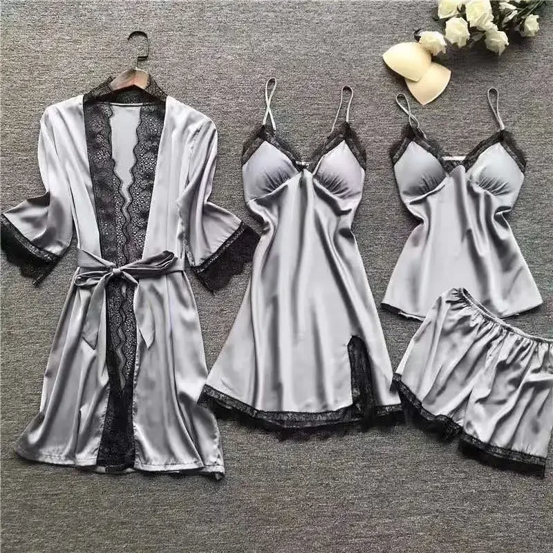 Sexy Chemise-Nachthemd mit Spitzenbesatz, V-Ausschnitt, lange Hose und Strickjacke, Heimkleidung, vierteiliges Set, Sommersaison, bequemes Mater