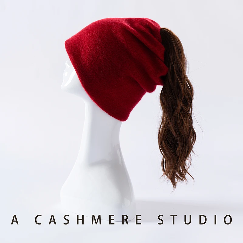 Topi Kasmir Murni 100% Model Slouchy, Dapat Digunakan Sebagai Penutup Leher & Lubang Kuncir Kuda, Topi Musim Dingin Hangat untuk Wanita
