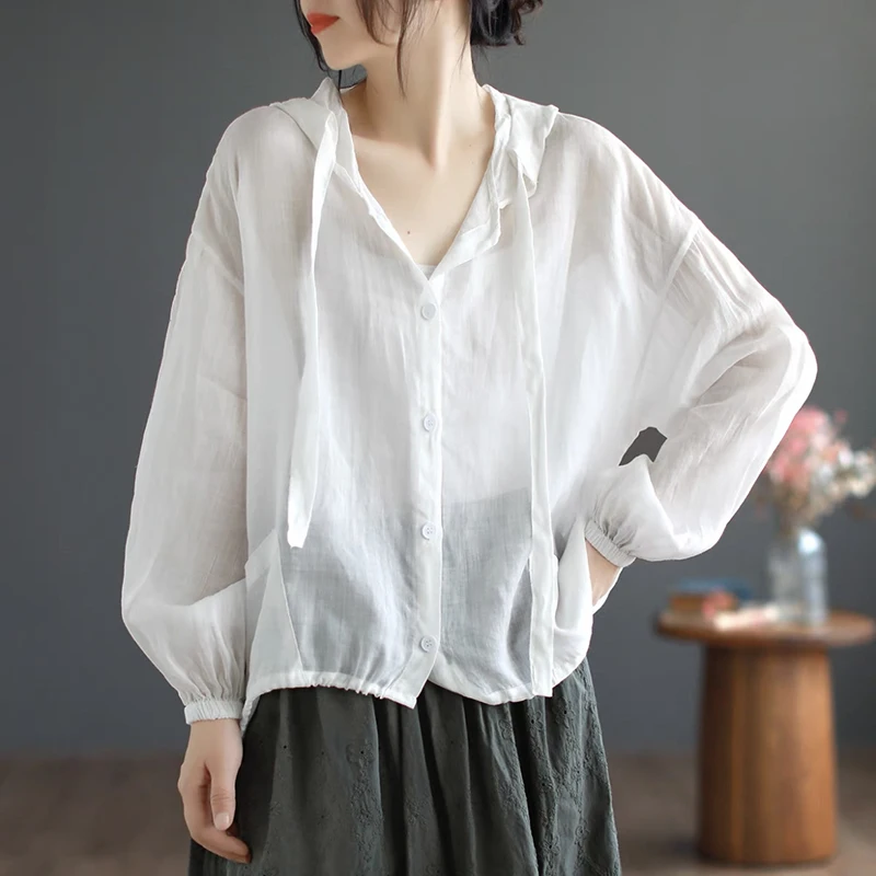 Thin Section of Cotton Hemp Hoodie Female Summer New Fashionable and Elegant Loose Casual Beach Air Conditioning Sunscreen Tops