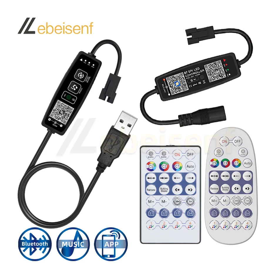 Controlador de música LED SPI con Bluetooth, USB/DC, 5V, 12V, 24V, 2048 píxeles, atenuador de aplicación inteligente, control remoto RF para tira de