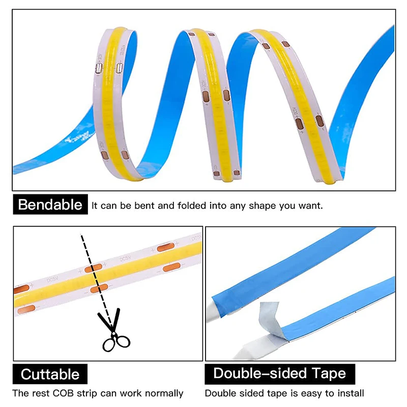 COB LED 스트립 조명, 고밀도 유연한 LED 테이프, RA90, 유연하고 절단 가능한 320LED/M, DC 12V, 24V, 5M, 8mm