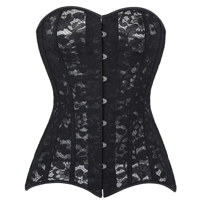 Lace Transparent Long Torso Corset Top for Women Gothic Vintage Flower Overbust Bustier Brocade Hourglass Shapewear Corselet