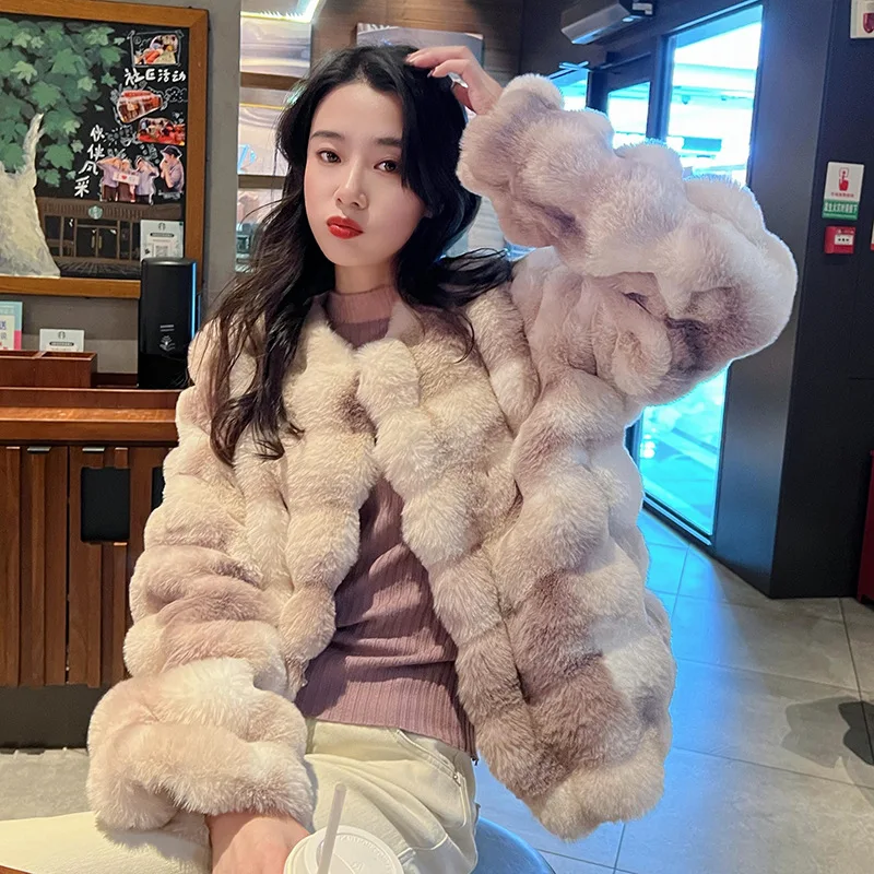

Purple Tie-dye O-neck Short Faux Fur Jacket Stripe Women‘s Winter Faux Mink Furry Jacket Fluffy Luxury Plush Coat Warm Overcoats