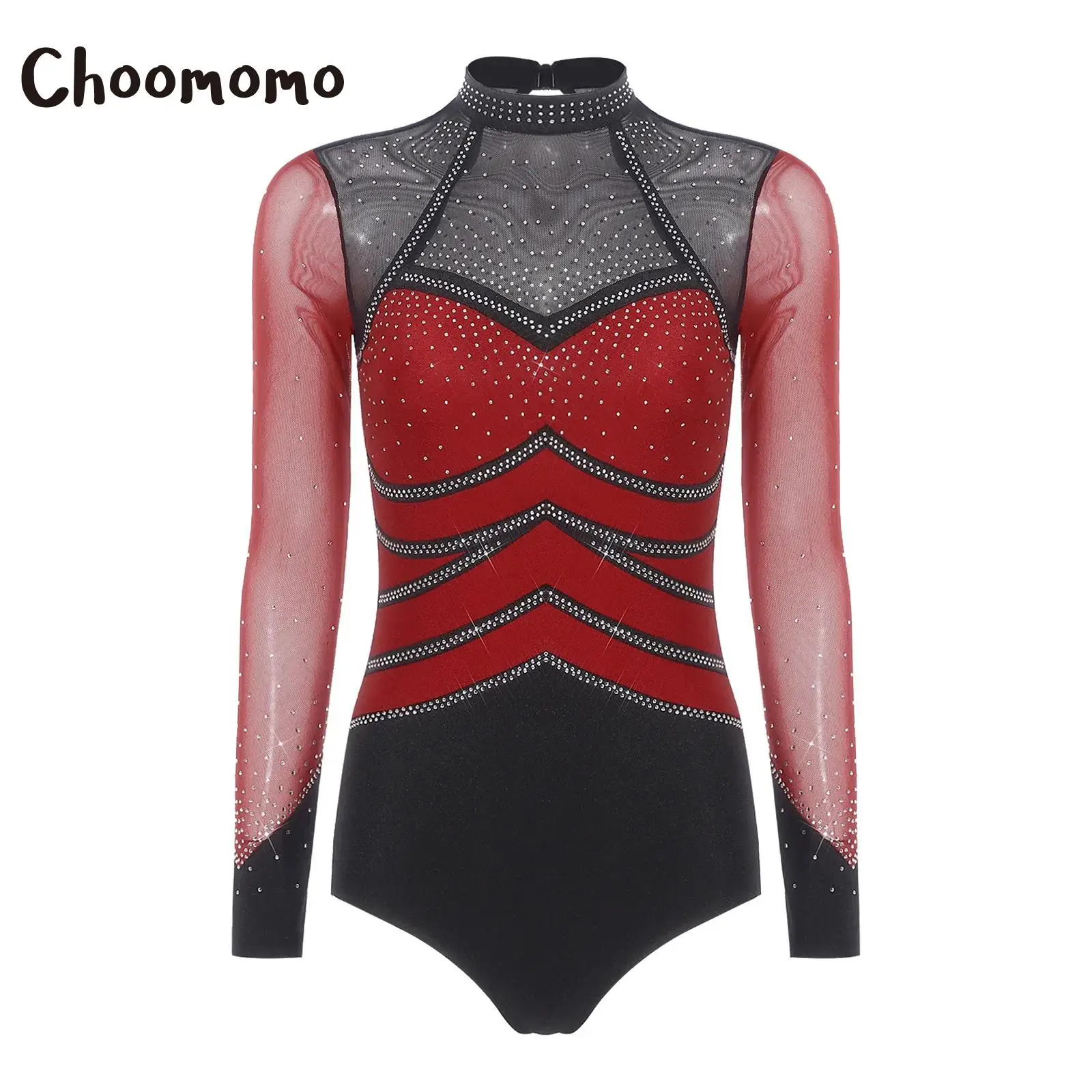 

Women Gymnastics Figure Skating Leotard Rhinestone Ballet Jersey Unitard Bodysuit Mesh Long Sleeve Color Block Artistic Jumpsuit
