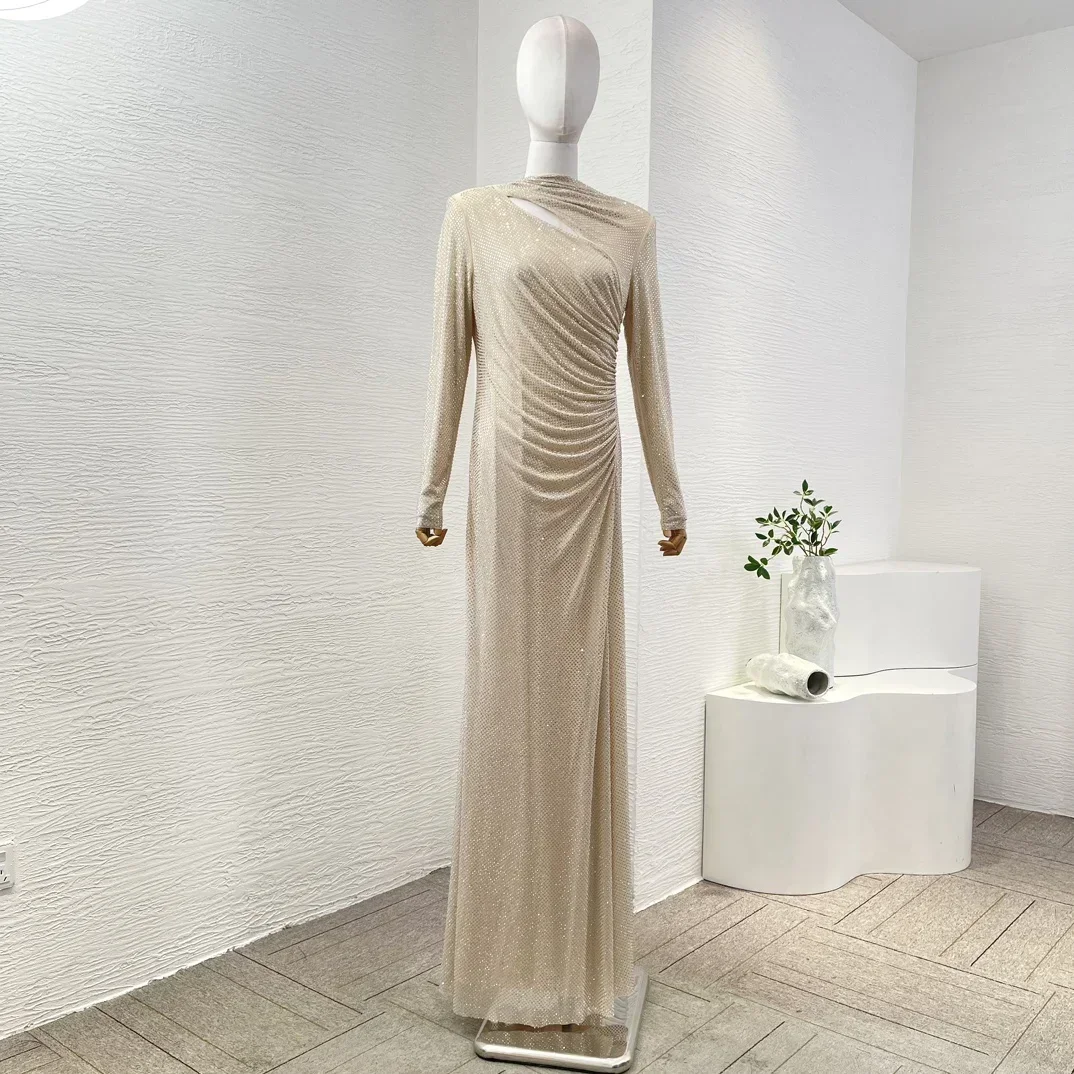 Top Quality Golden Long Sleeve Diamonds Pressed Cut Out Elegant Women's Maxi Dress for Party