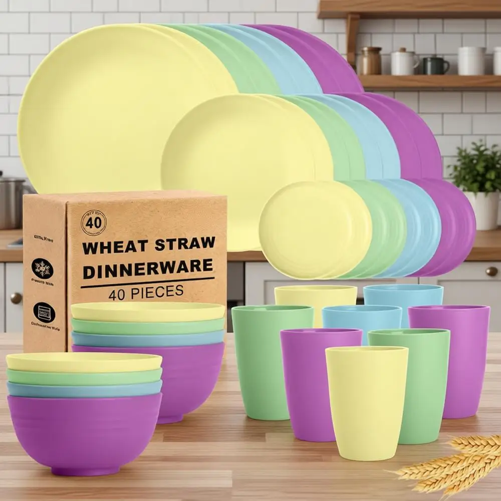 

40-Piece Unbreakable Wheat Dinnerware Set, 8 Plastic Reusable Plates and Bowls, Dishwasher and Microwave Safe, Ideal for RV and