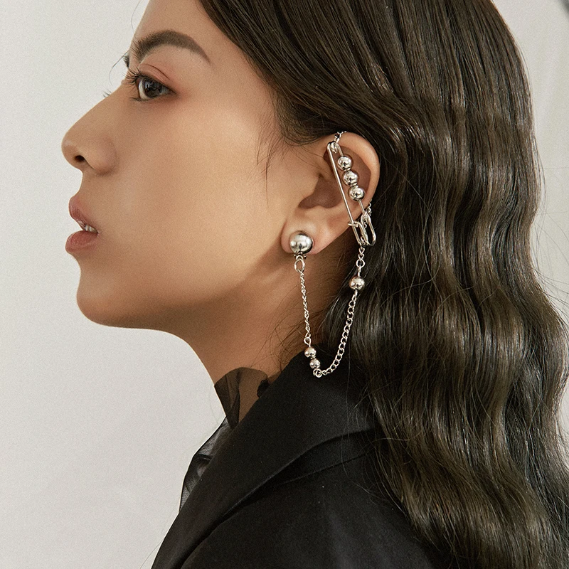 2022 New Y2K Trend Exaggerated Simple Fashion Ear Clip Integrated Metal Pin Chain Ear Hook For Women Girls Charm Jewelry