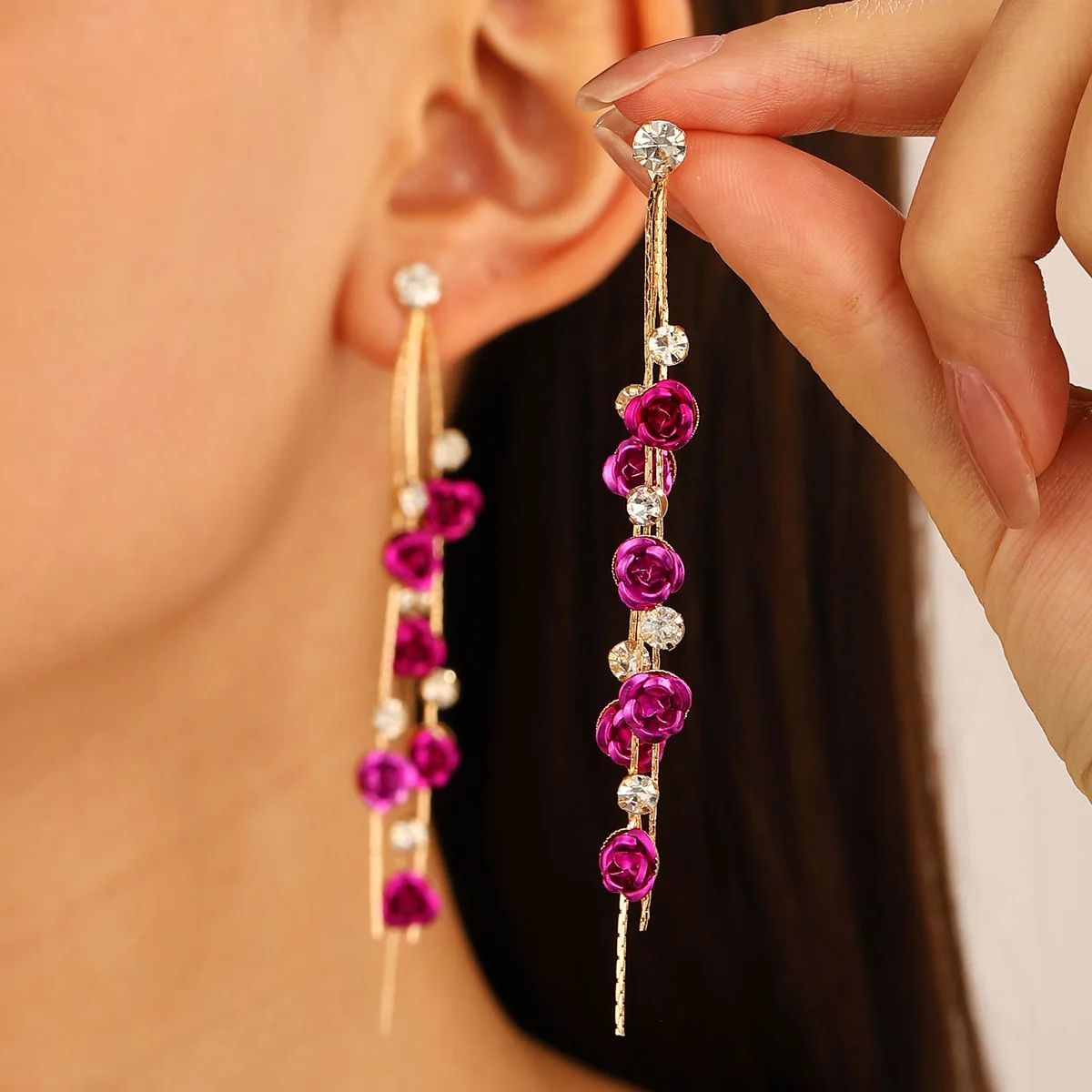 Korean Fashion Rose Blossom Flower Earrings For Women Jewelry 2026 Trending Women\'s French Long Crystal Tassel Earrings 2Z40