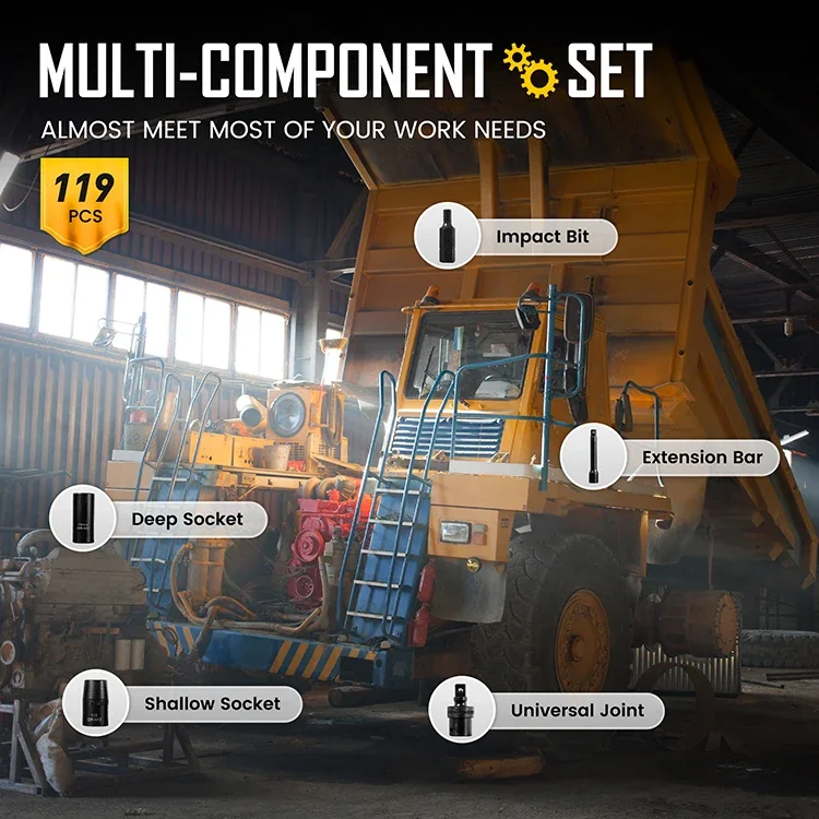 Genuine 119 Piece Impact Socket Set Includes Impact Bit, Bit Sockets, Extension Bars, Universal Joint, Adapter and More
