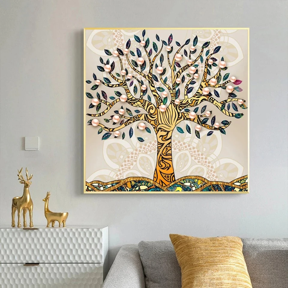 Nordic Abstract Tree of Life With Pearl Diamond Painting Full Square Round Diamond Mosaic Embroidery Wall Sticker Rhinestone Set