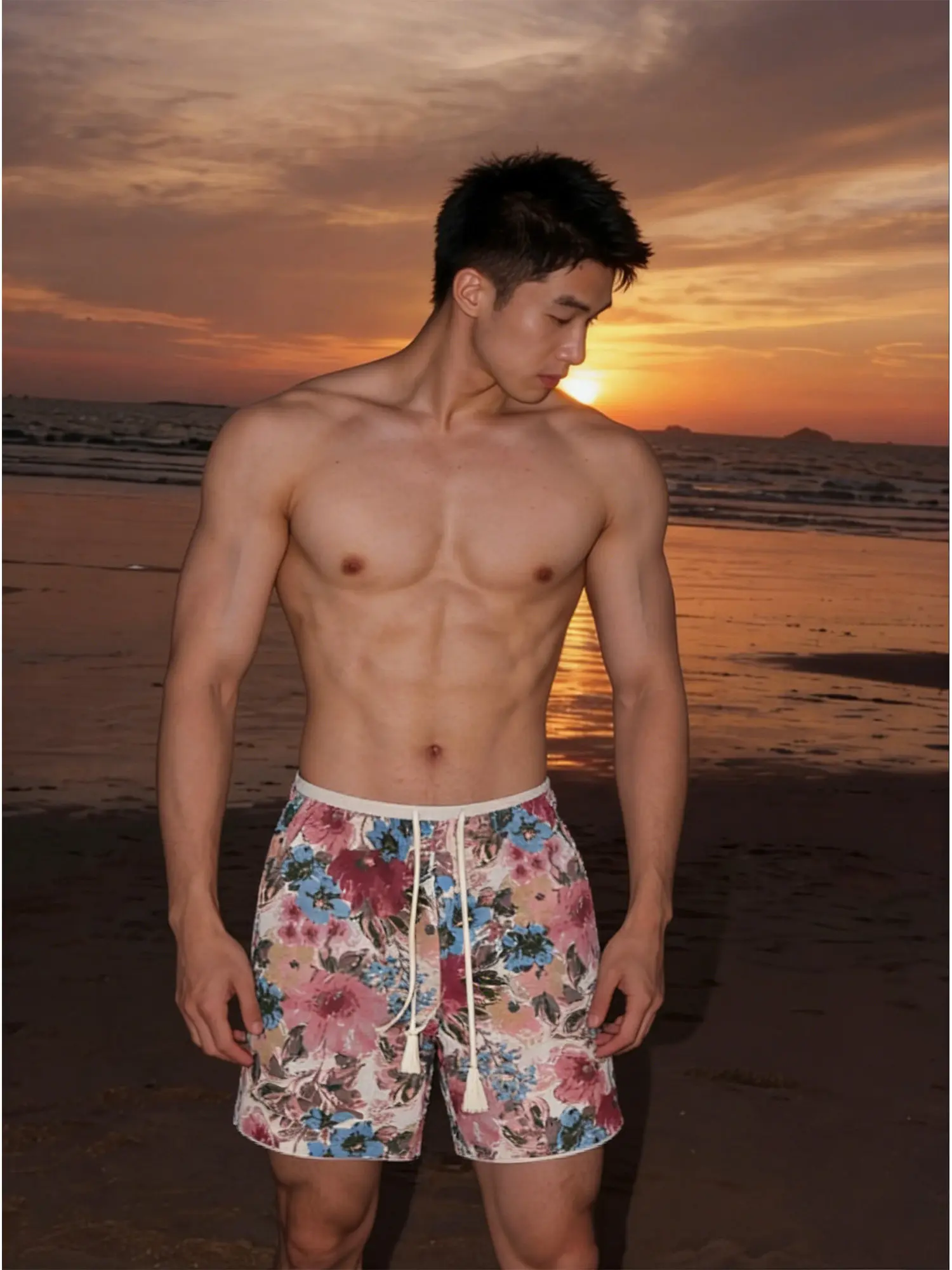 Hawaii Floral Print Quick Dry Men's Shorts Thin Summer Beach Sports Wide Leg Five-Quarter Pants Casual Loose Fit mid Waist