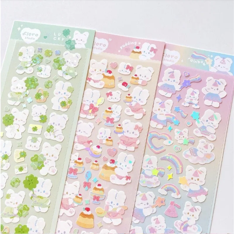 Kawaii Korean Rabbit Rainbow Pudding Stickers Silver Foil Glitter DIY Kpop Fans Photocard Decor Stickers