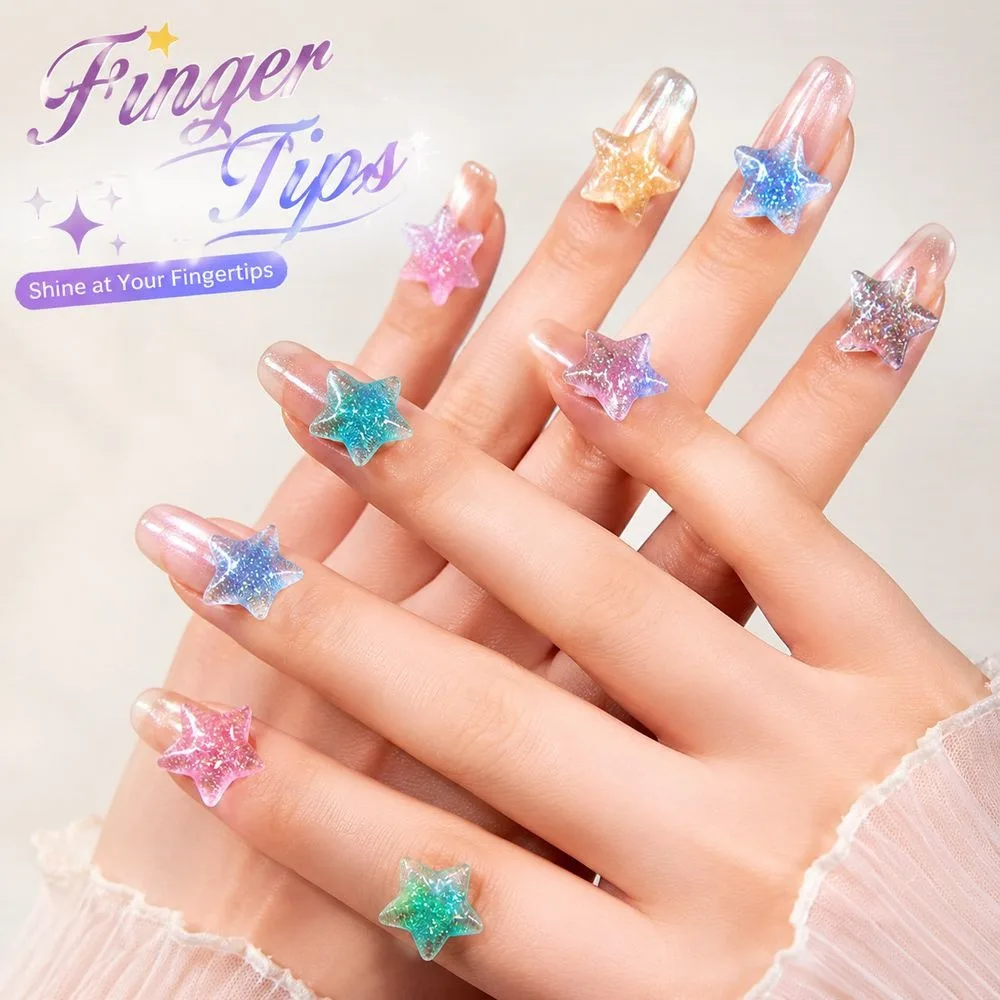 30Pcs Multicolor Gradient Glitter Heart Star Resin Nail Charms Shiny Kawaii Ornaments Summer Vacation Nail Decor Kit