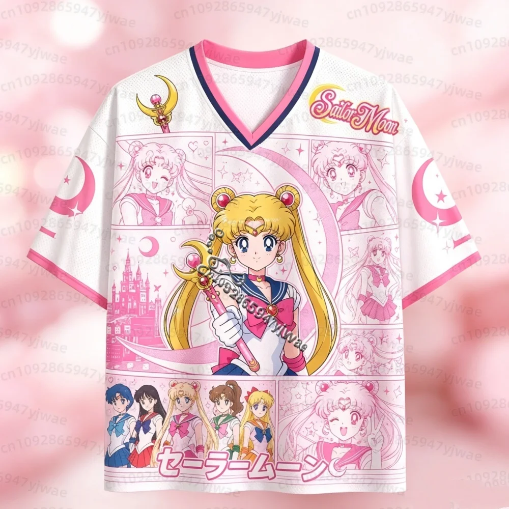 26 Sailor Moon Anime Mesh Jersey T-Shirt Tsukino Usagi Print V Neck Short Sleeve Tee Women Men Harajuku Streetwear Men T-Shirt view 4