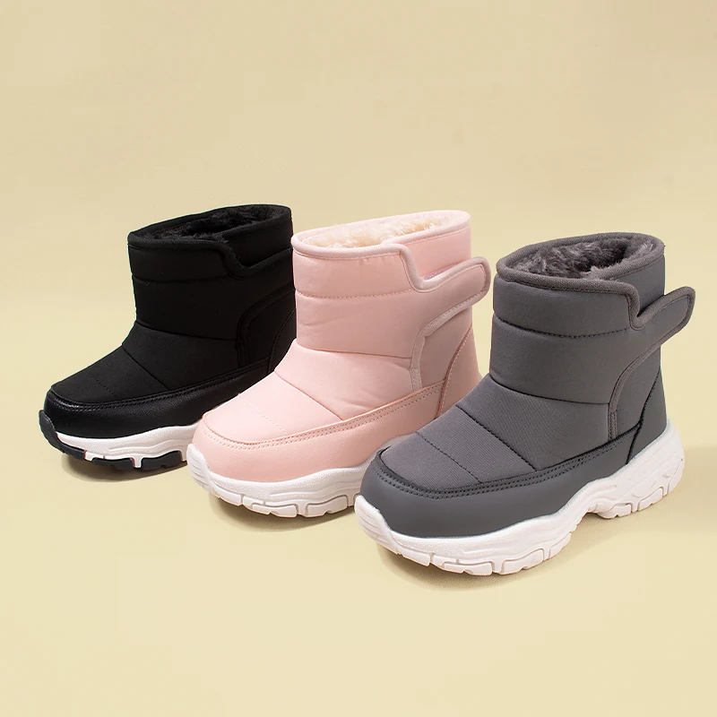 Inverno novo tecido impermeável grandes crianças botas de neve de lã quente sola grossa casual botas de pelúcia ekf75