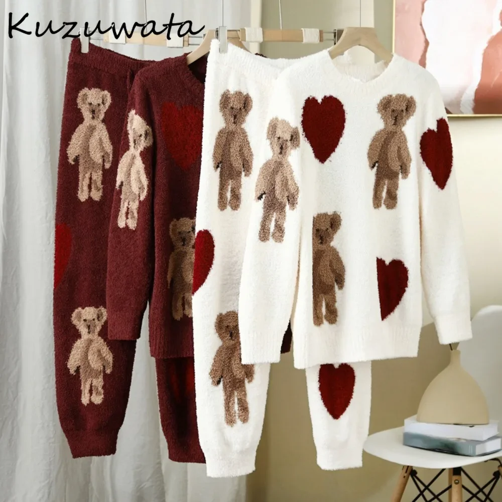 Kuzuwata Lovely O Neck Long Sleeve Velvet Winter Pajamas Cartoon Warm Print Love Bear Pajama Japan New Fashion Suits Sleepcoat