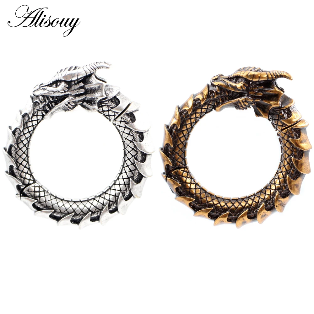 Alisouy 1PC Vintage Copper Dragon Animal Round Circle Ear Gaights Expander Stretcher Plugs Gauges Earrings Body Piercing Jewelry