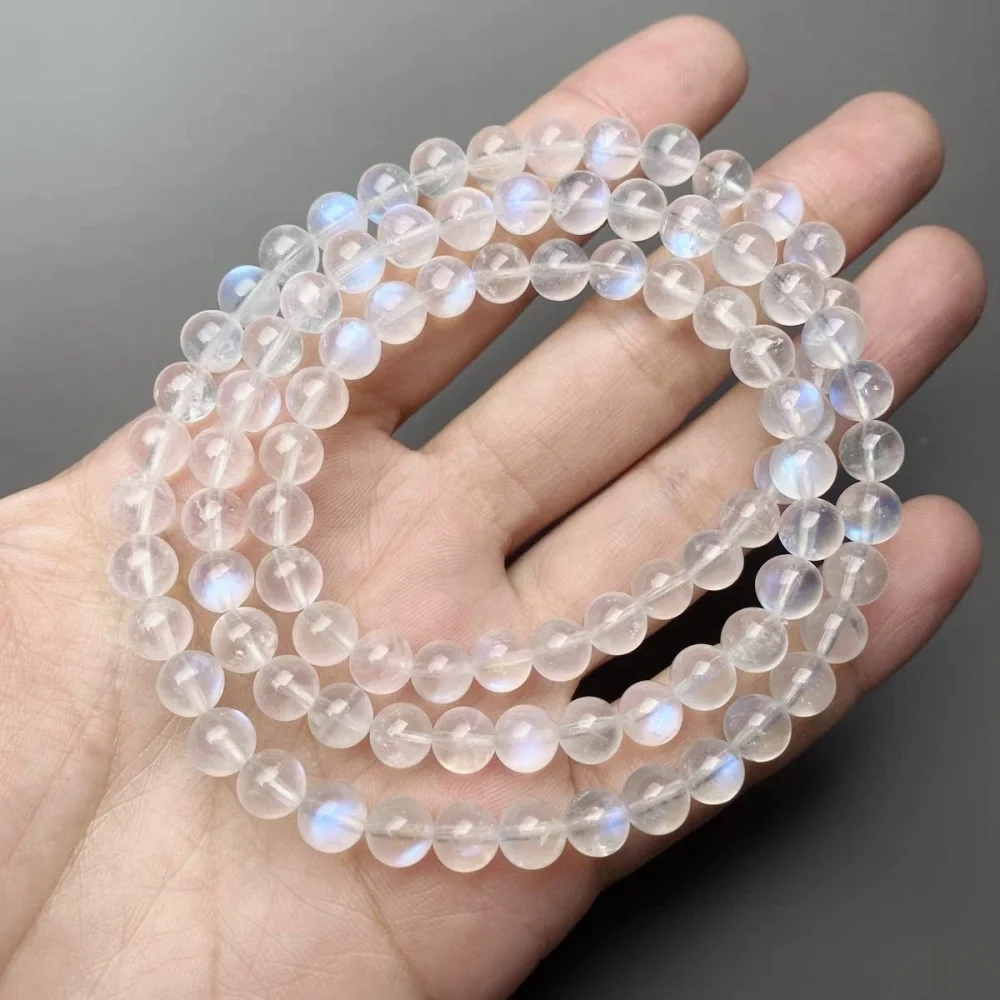 Natural Blue Moonstone Bracelets Three-Layer Charm Elastic Wrist Jewelry for Women Men Blue Flash Beads Luxury Energy Yoga Acces