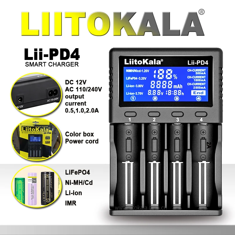 LiitoKala Lii-PD2/PD4 Li-ion 3.7V NiMH 1.2V Li-FePO4 3.2V IMR 3.8V For 18650 26650 21700 26700 18350 AA AAA Battery Charger