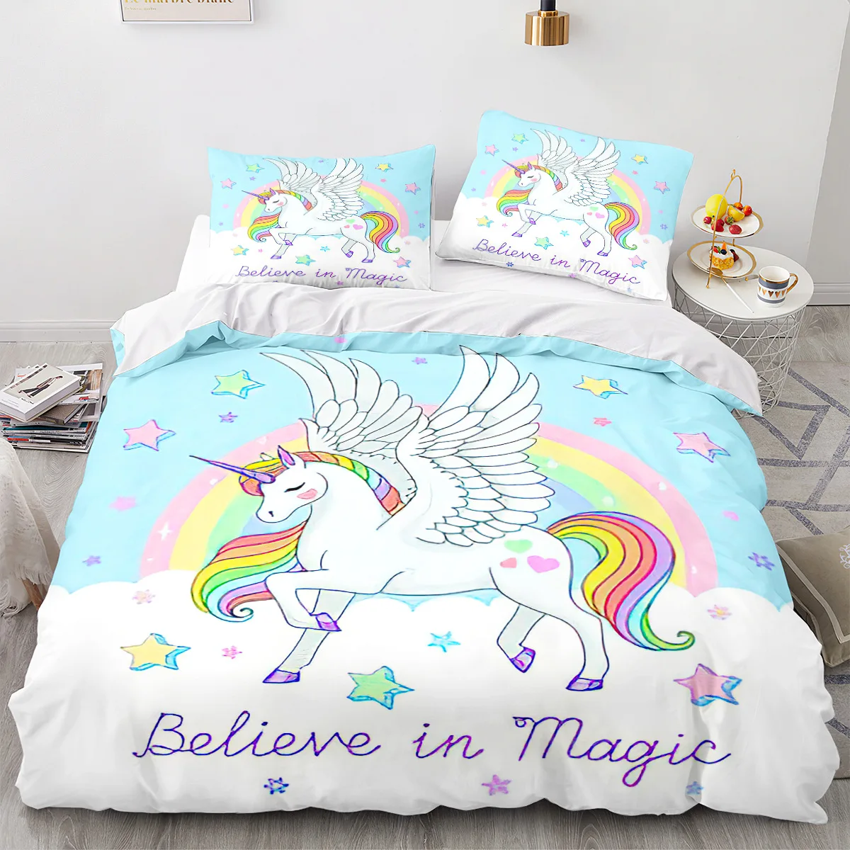 Cartoon Unicorn Duvet Cover King Queen Lovely White Mythical Animal Bedding Set Kids Girl Colorful Rainbow Polyester Quilt Cover