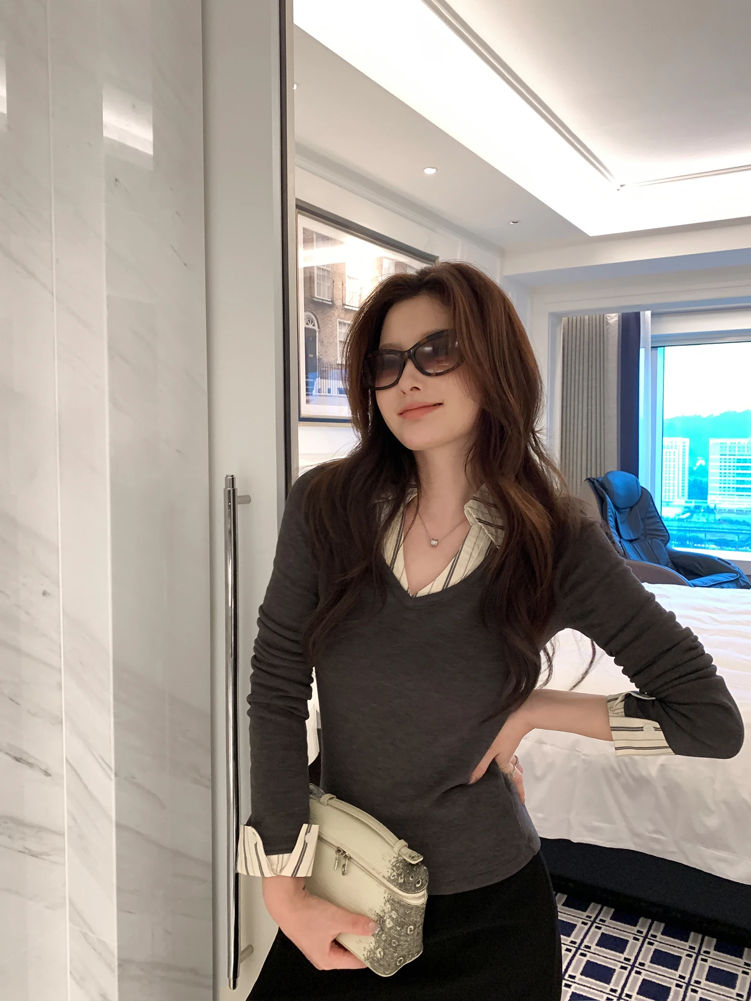 Pusumede Faux Two-Piece Knitwear Women's Slim Fit Long Sleeve Fleece Lined Base Shirt Layering Design Casual Style