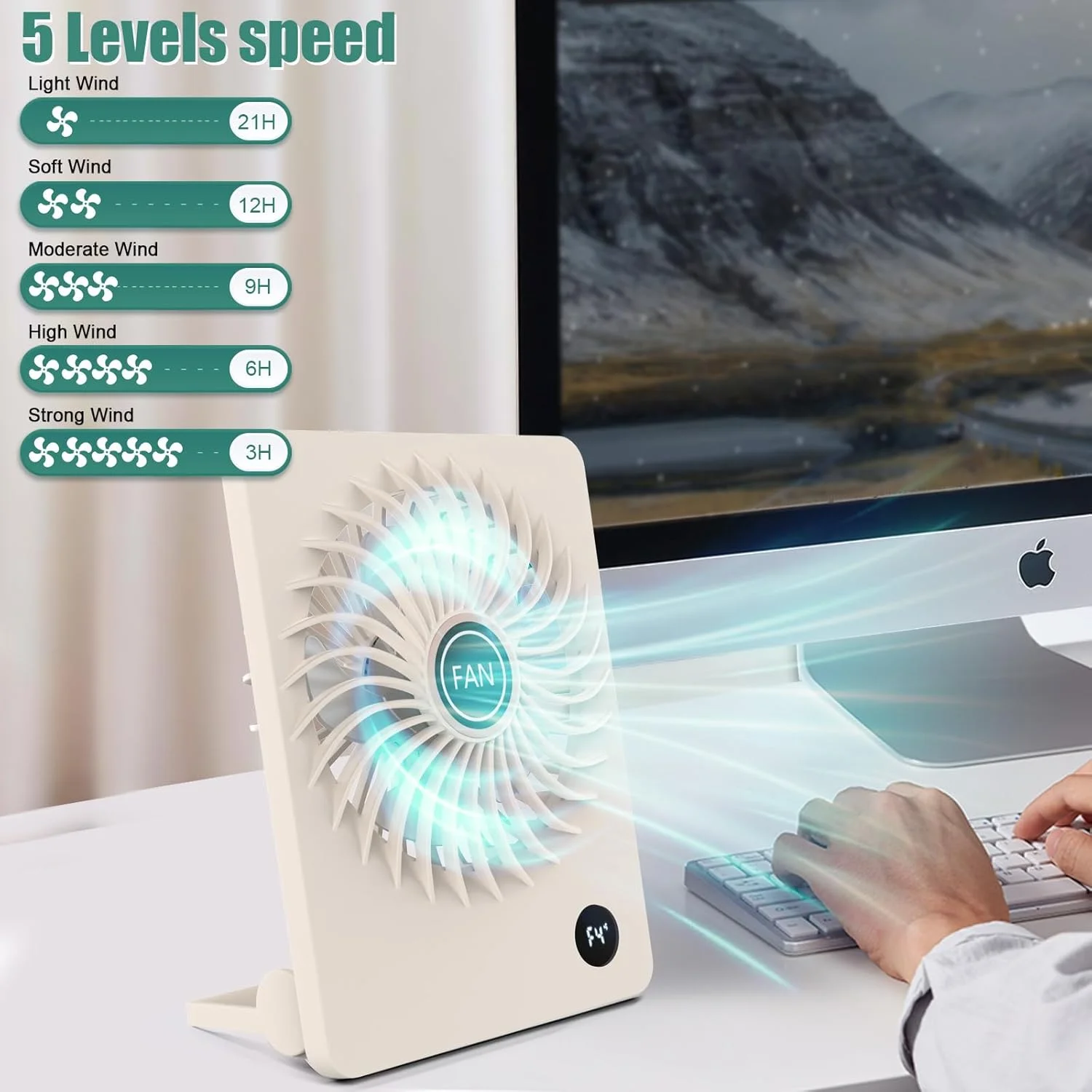 Desk Fan, 5.5 Inch Personal Fan Rechargeable with 180° Foldable, 5 Speeds Ultra Quiet Table Fan with LED Display, Strong Wind P