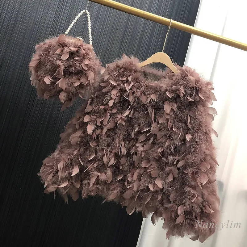 Feather Coat Women Round Neck Sweet Solid Color Winter Short Ostrich Feather Real Fur Cotton Coats Warm Birthday Party Wear