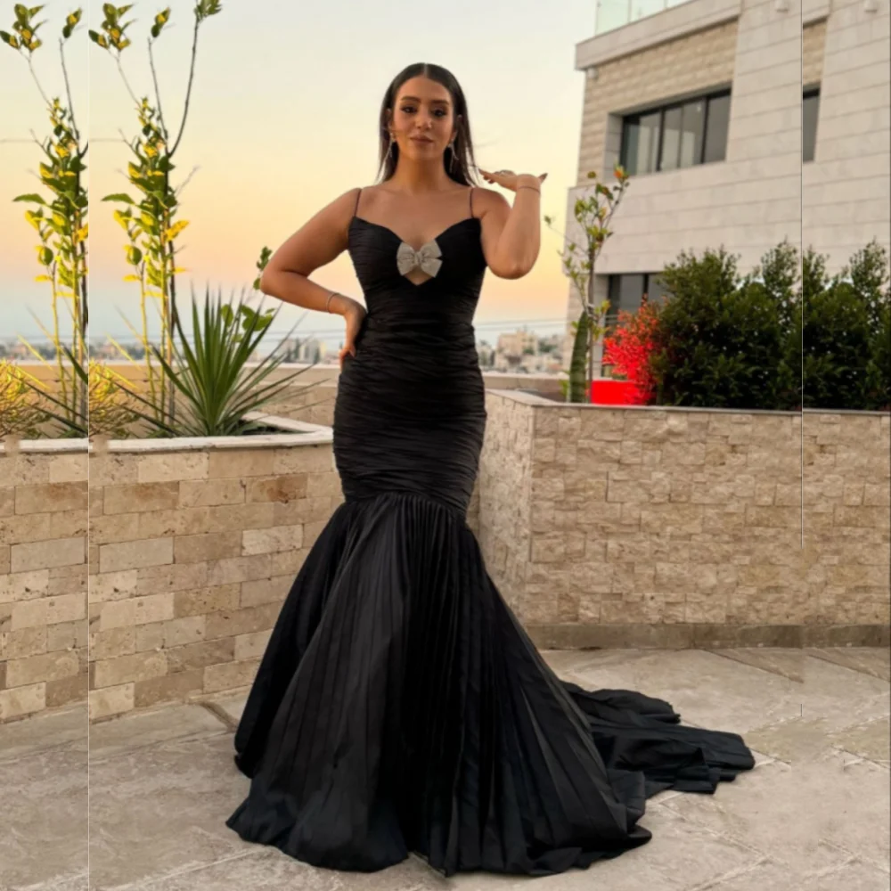 

Customized Bow Mermaid Chapel Train Evening Dresses Spaghetti strap Jersey Open back Prom Gowns black Draped Party Dresses
