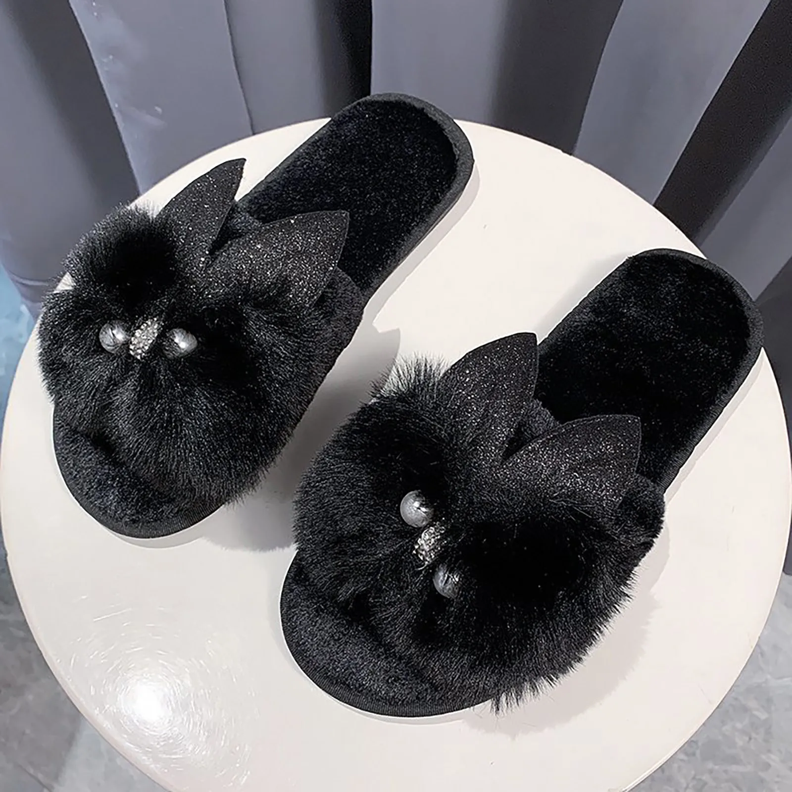 Womens Winter Shoes Cartoon Cat Ears Fuzzy Slippers Female Flip Flops Fluffy Shoes Home Plush Cotton Slippers Slides Slippers