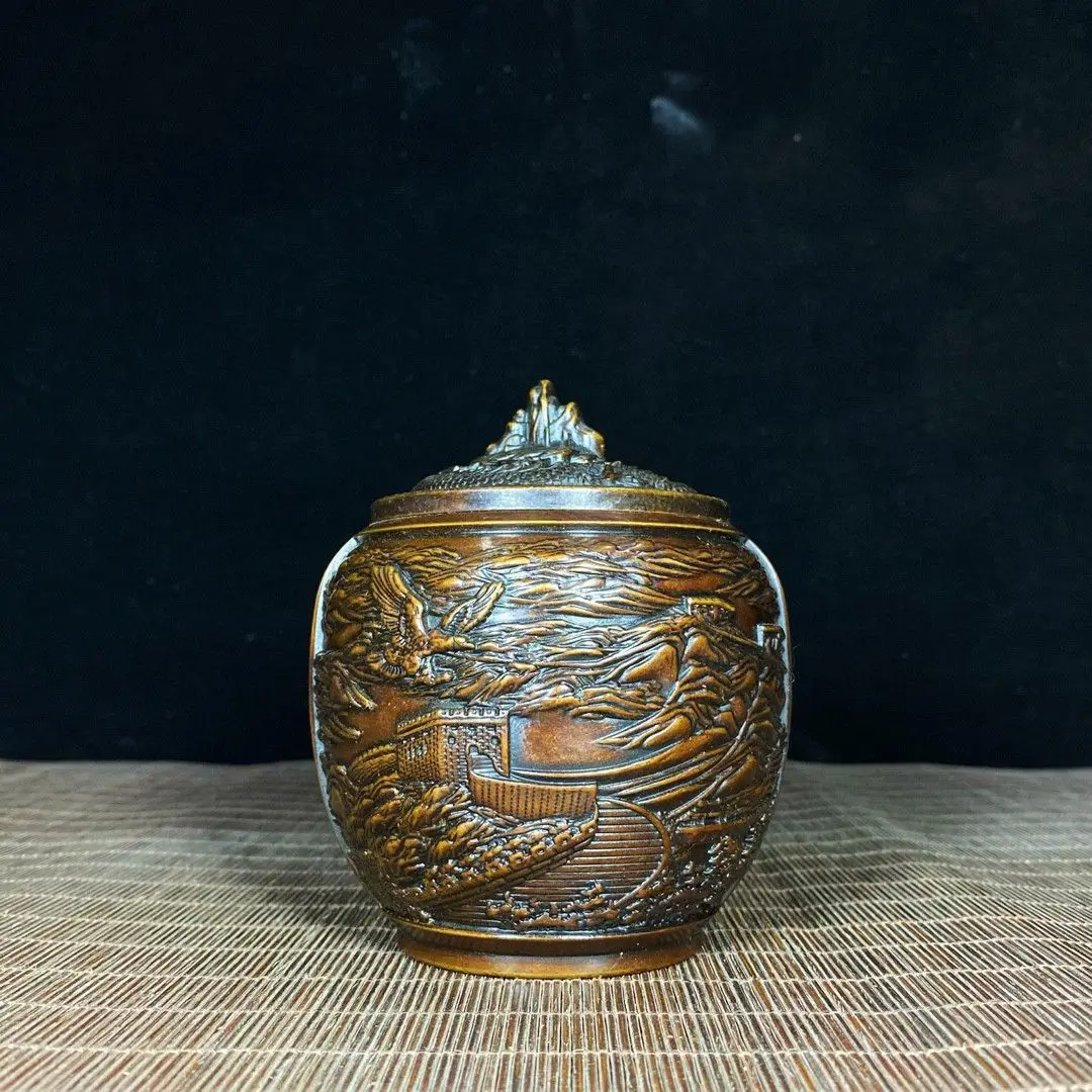 Pure Copper Tea Caddy with Embossed Great Wall, Eagle and Dragon Head Patterns, Representing Grand Ambition and a Bright Future